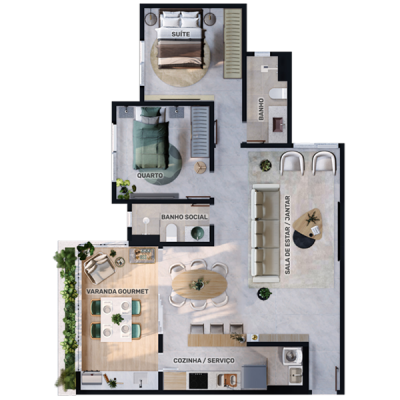 Planta tipo 2 | 2 quartos e sala ampliada