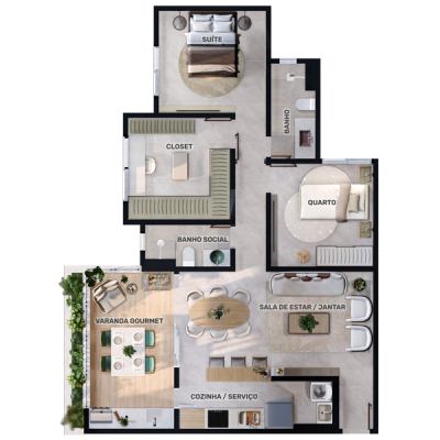 Planta tipo 3 | Closet + 2 quartos